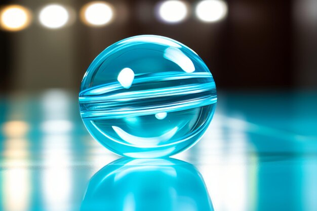 Foto una bola de vidrio azul sentada en la parte superior de una mesa
