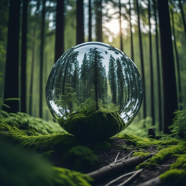 una bola de vidrio en el bosque con un bosque en el fondo