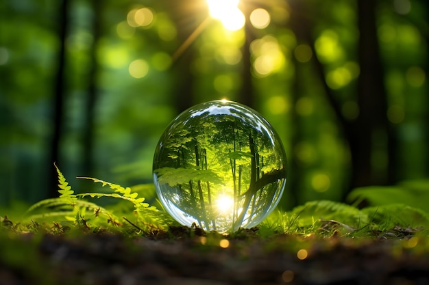Bola de vidrio en un bosque verde exuberante conciencia social y de gobernanza ambiental