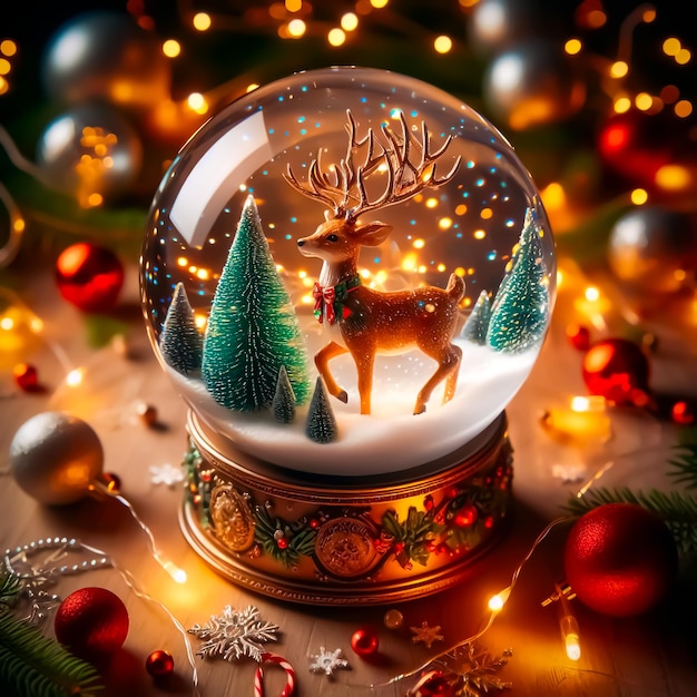 Foto bola de vidrio con un ciervo con un arco y un árbol de navidad con luces y esferas de navidad a su alrededor