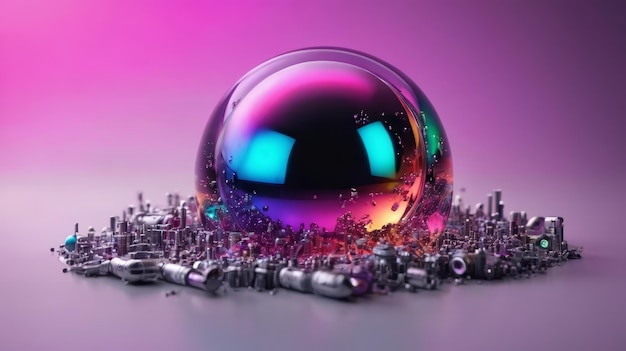 Bola de vidrio de colores rodeada de pequeños objetos de plata
