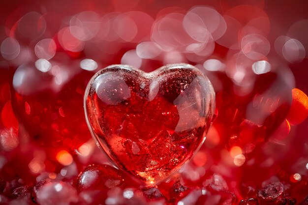 Una bola de vidrio en forma de corazón rojo sentada en la parte superior de una pila de hielo