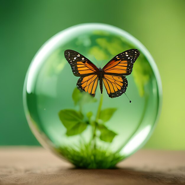 Foto una bola de vidrio con una mariposa en ella y un fondo verde