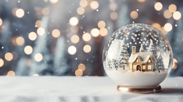 Bola de vidrio de Navidad en nieve con mini casa dentro de paisaje de invierno IA generativa