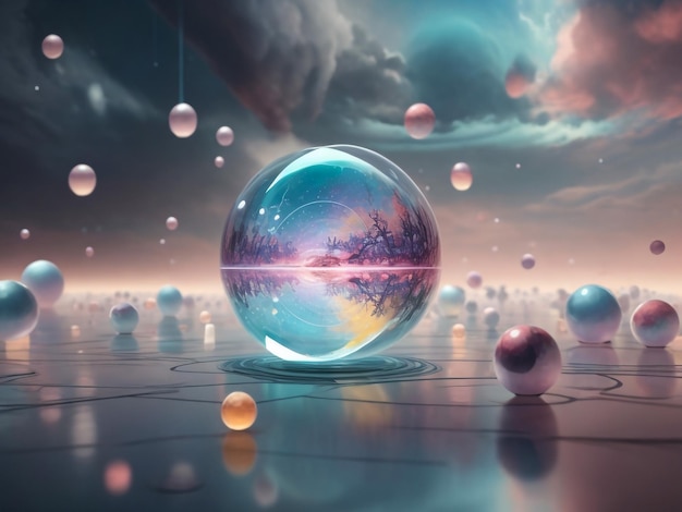 Una bola de vidrio transparente con reflejo en el centro de un fondo oscuro abstracto Humo vacío
