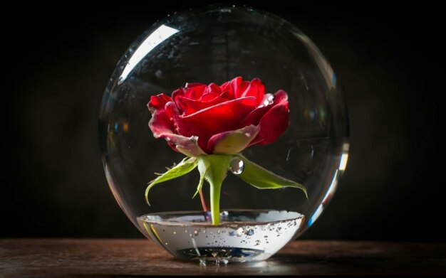 Una bola de vidrio transparente con una rosa roja en el interior