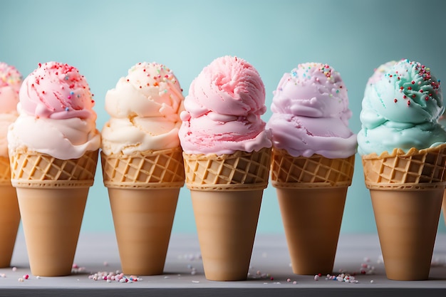Bolachas de sorvete de diferentes cores e sabores em cones de waffle em fundo azul suave