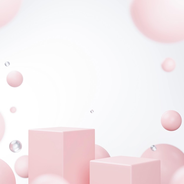 Bolas abstractas sobre fondo rosa pastel, podio minimalista, escenario para escaparate de presentación de productos de belleza y cosméticos, concepto de fondo para el cuidado de la piel.