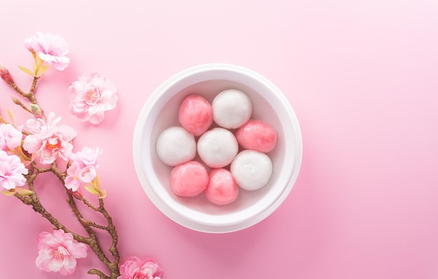 Bolas de albóndigas dulces Tang Yuan, una cocina tradicional para el solsticio de invierno de Midautumn Dongzhi y el año nuevo chino con flor de ciruela sobre fondo pastel