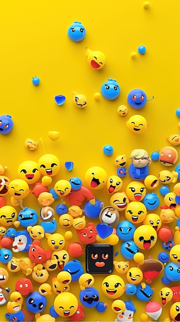 Foto bolas amarelas e azuis fundo de mídia social com emojis