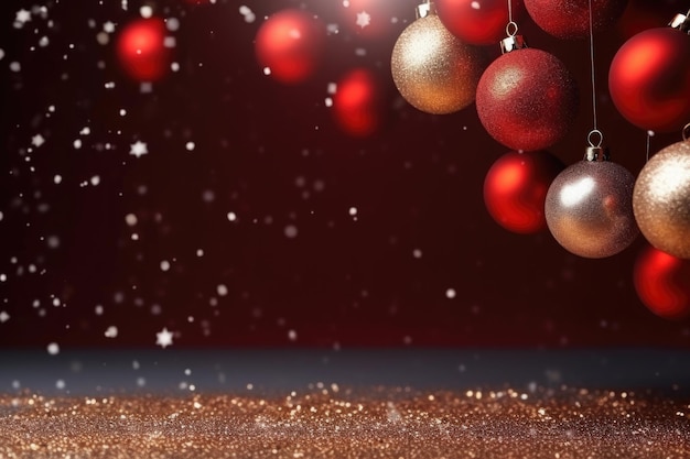 Foto las bolas de año nuevo de plata y confeti de color rojo en un fondo oscuro copian el espacio