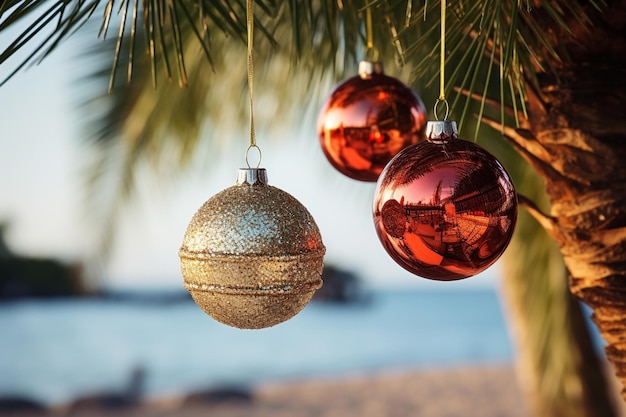 Las bolas de los árboles de Navidad en las ramas de las palmeras contra el fondo del océano