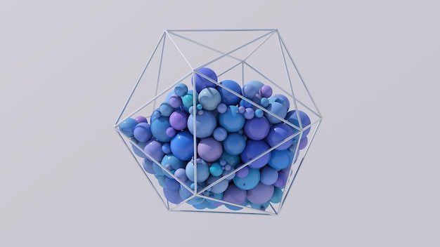 Bolas azules y moradas dentro de poliedro metálico Ilustración abstracta 3d render