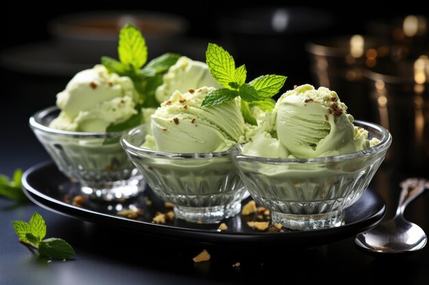 Bolas blancas de helado en un jarrón de vidrio Tres porciones de helado de pistacho con una hoja de menta A