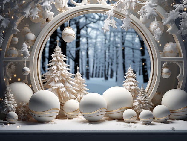 Bolas blancas de Navidad en la ventana en el bosque de invierno ilustración 3d