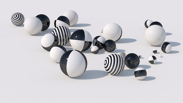 Bolas blancas y negras a rayas. Ilustración abstracta, render 3d.