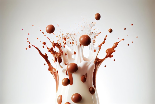 Bolas de chocolate oscuro cayendo sobre la leche y salpicando sobre fondo oscuro Concepto de comida y postre IA generativa