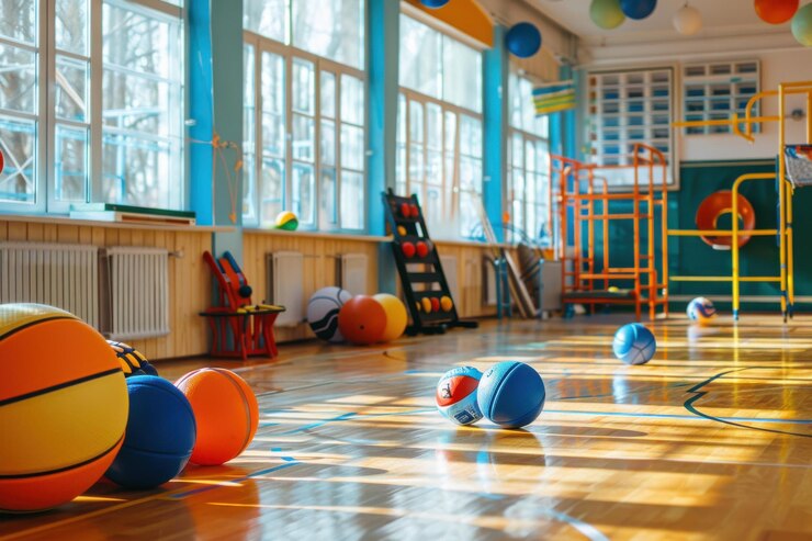 Bolas de colores esparcidas por el suelo del gimnasio de una escuela que simbolizan el ejercicio de juego y la actividad infantil