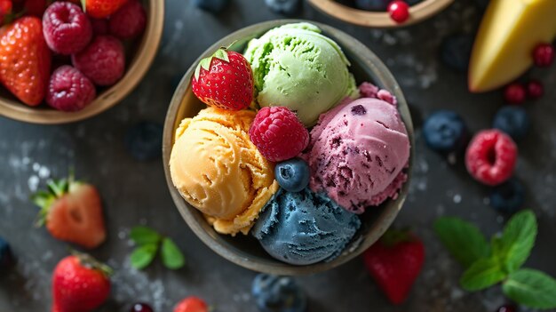 Bolas coloridas de sorvete com bagas em um prato de cima colocado plano