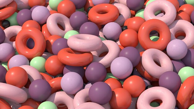 Bolas coloridas e formas de círculo. Ilustração abstrata, renderização 3d.
