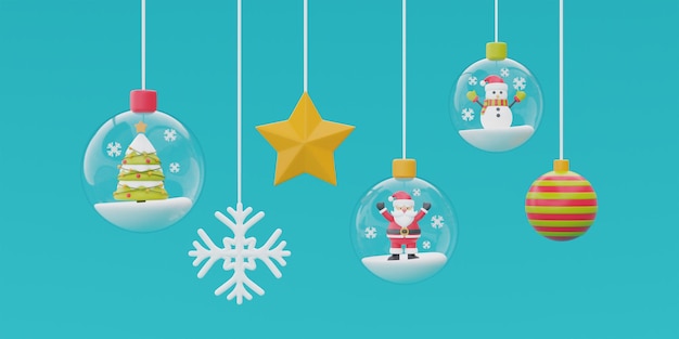 Bolas de cristal colgando de la cinta con Santa Claus, muñeco de nieve, pino y adornos navideños, Feliz Navidad y Feliz Año Nuevo, representación 3d