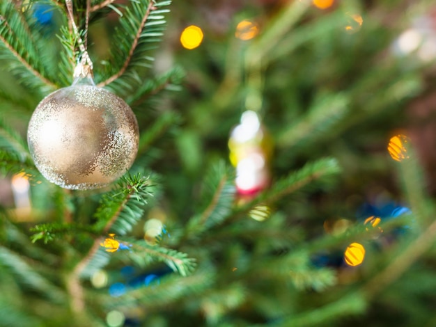 Bolas de cristal en ramitas de árbol de Navidad vivo