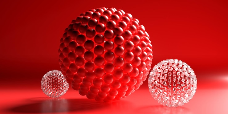 Foto bolas de cristal rojas y transparentes contra la ilustración 3d de fondo rojo