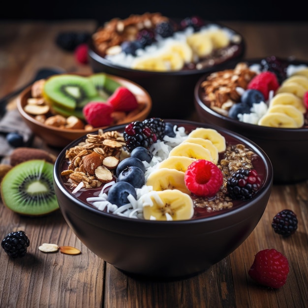 Bolas de açaí cobertas de frutas