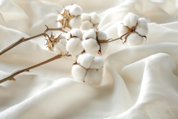 Bolas de algodão elegantes em fundo de tecido branco