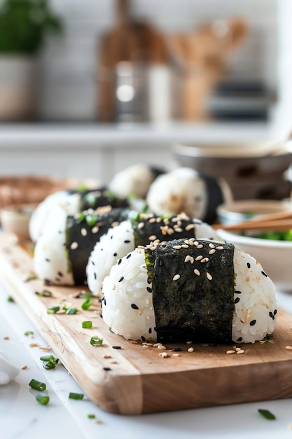 Foto bolas de arroz onigiri tradicionais cuidadosamente dispostas em uma bandeja de madeira, cada uma envolta com uma tira de nori