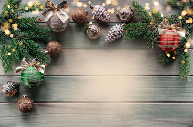 Bolas de árvore de Natal com arcos dourados, galhos de árvores de abeto e enfeites em fundo de madeira com bokeh de luzes de Natal, cartão de feliz Natal com espaço de cópia