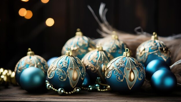 Bolas de árvore de Natal para close-up de árvore de Natal em tons azuis e dourados Papel de parede de cartão de Natal festivo para desktop de Natal