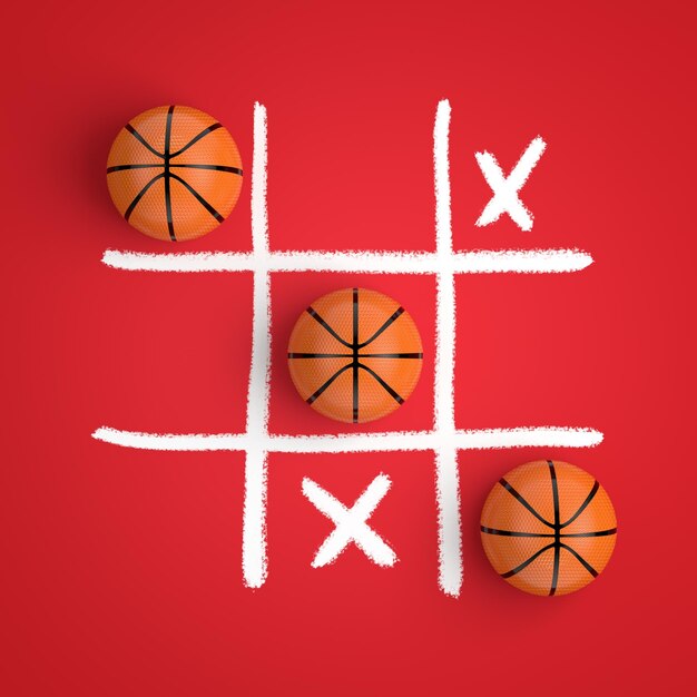 Bolas de basquete no jogo Tic Tac Toe em uma renderização 3d de fundo vermelho