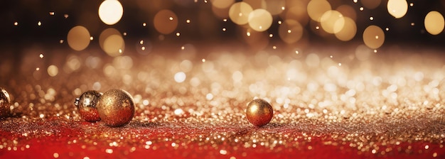 Bolas de brinquedo de árvore de Natal douradas com confete festivo em um fundo bokeh vermelho