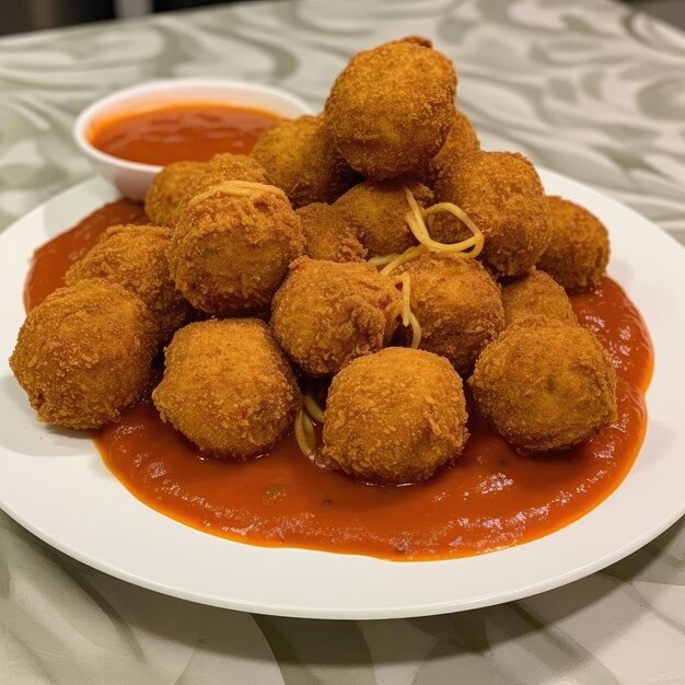 Bolas de camarão fritas com molho de tomate em um prato branco em um restaurante