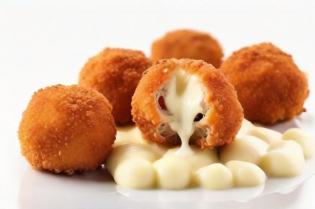 Bolas de carne de frango em panela com queijo mozzarella elástico isolado sobre um fundo branco