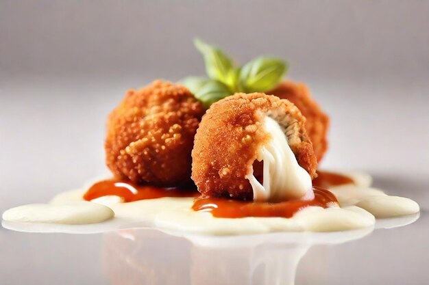 Bolas de carne de frango em panela com queijo mozzarella elástico isolado sobre um fundo branco