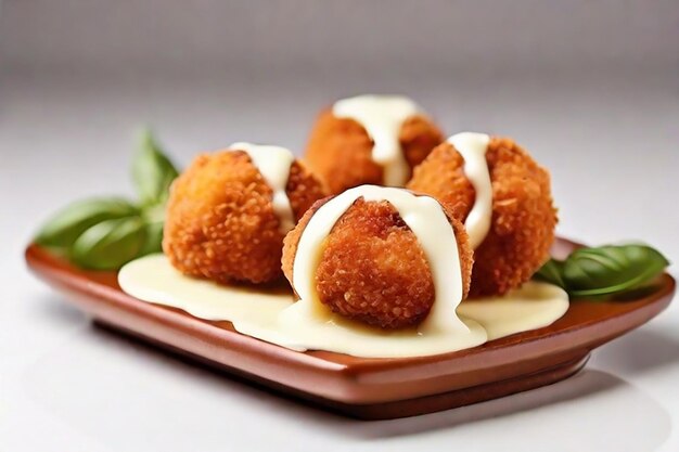 Bolas de carne de frango em panela com queijo mozzarella elástico isolado sobre um fundo branco