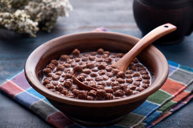 Bolas de cereais de chocolate com leite em uma tigela.