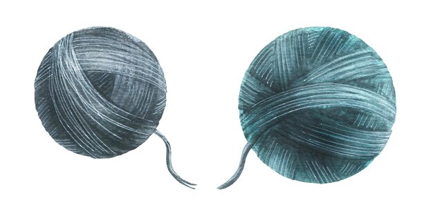 Bolas de fio de fios de cores cinza e azul ilustração de aquarela objetos isolados de um grande conjunto de cozy winter para decoração design composições de decoração molduras bardos logotipos bordado