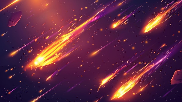 Foto bolas de fogo caindo com trilhas brilhantes chuva de meteoros no espaço com efeito de poeira estelar cometas atirando na galáxia ou no espaço profundo meteoritos em fundo transparente ilustração moderna realista em 3d