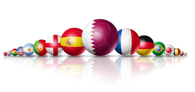 Bolas de futebol de futebol do Qatar 2022 com ilustração 3D de bandeiras nacionais de equipe isoladas em fundo branco