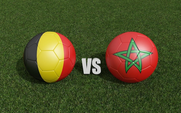 Bolas de futebol em cores de bandeiras na grama Bélgica com o campeonato de futebol da Copa do Mundo de Marrocos 2022 renderização em 3d