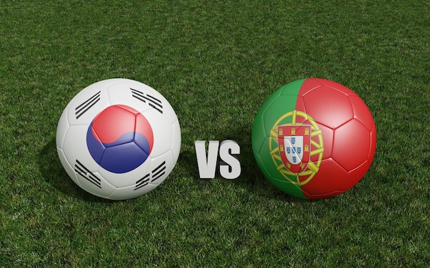 Bolas de futebol em cores de bandeiras na grama Coreia do Sul com o campeonato de futebol da Copa do Mundo de Portugal 2022 renderização em 3d