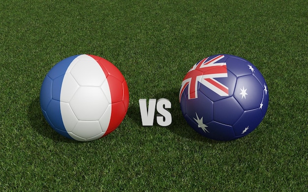 Bolas de futebol em cores de bandeiras na grama França com o campeonato de futebol da Copa do Mundo da Austrália 2022 renderização em 3d