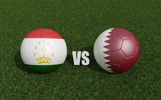 Bolas de futebol em cores de bandeiras na grama tajiquistão com qatar 2023 torneio da copa da ásia renderização 3d