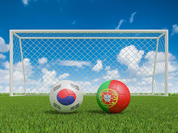 Bolas de futebol em cores de bandeiras no campo de futebol Coreia do Sul com renderização 3d de Portugal