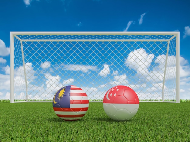 Bolas de futebol em cores de bandeiras no campo de futebol da Malásia com renderização em 3d de Singapura