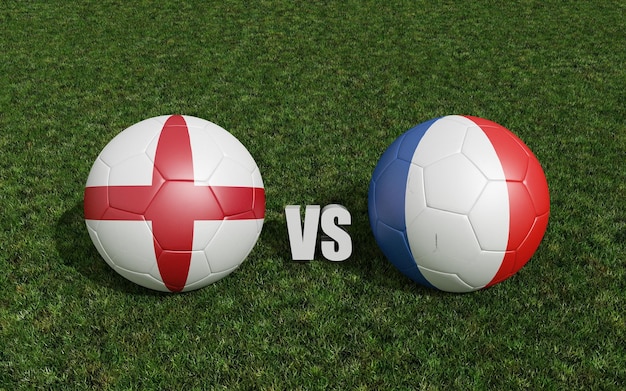 Bolas de futebol em cores de bandeiras no campo de futebol inglaterra com renderização 3d frança