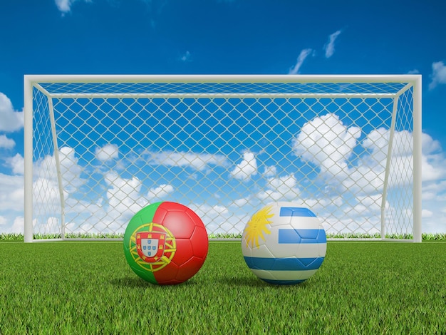 Foto bolas de futebol em cores de bandeiras no campo de futebol portugal com renderização 3d do uruguai